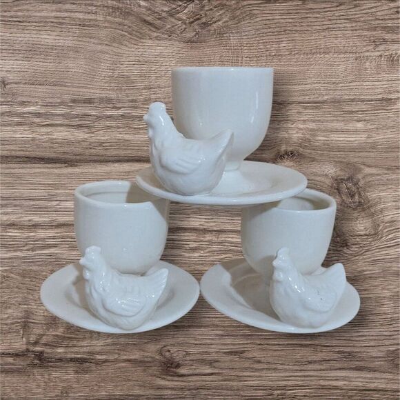 vintage Ceramic Egg Cups Chicken Design    Breakfast Decor Set Of 3 Farmhouse - Picture 2 of 8